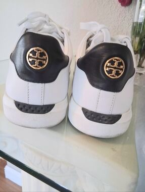 Tory Burch White Leather Sneakers with Black Heel Tab and Gold Logo Medallions